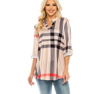 Haute Edition Pattern 3/4 Roll Tab Sleeve Tunic Top
